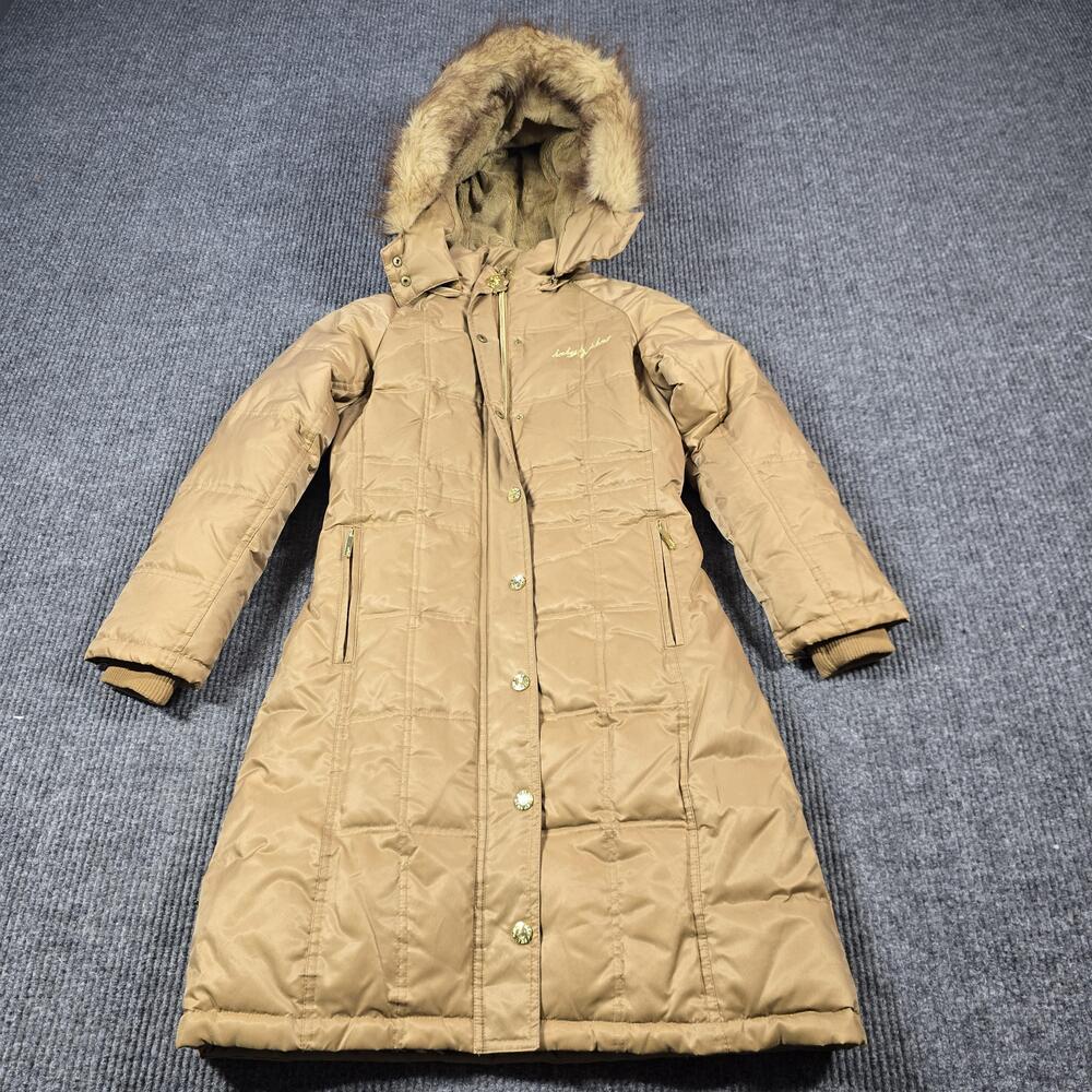 Baby Phat Girlz Coat Girls Medium Tan Puffer Parka Faux Fur Hood Leopard Quilted